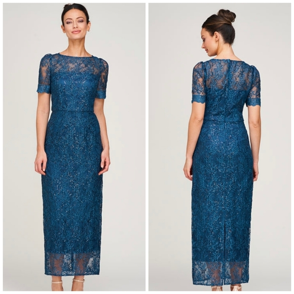 🔹️JS COLLECTIONS 🔹️deep Teal  Abbie Column Short Sleeve Tea-length Lace Gown - Picture 1 of 7